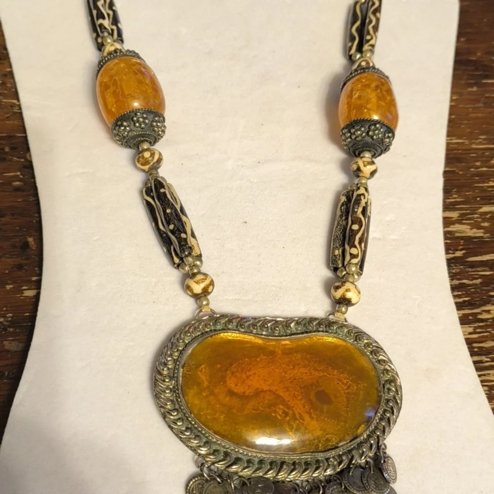 Vintage Amber , Metal Wood Statement Necklace - Picture 6 of 11